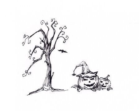Ink black and white drawing of pumpkin in witch hat, bare dead tree and bat. Autumn Halloween background. Creative mysterious painting for festive print, card, book illustration. Cartoon style art.
