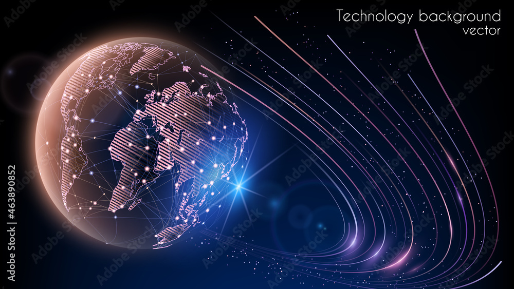 Poster vector. blue abstract futuristic background. satellites and rockets in orbit of planet earth. plasma