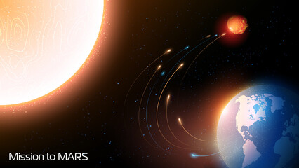 Dark blue futuristic background. Vector. Colonization of the planet Mars. Launch of spaceships from the orbit of the planet Earth. Interstellar outer space. Glow and dynamic movement effect. © vit_mar