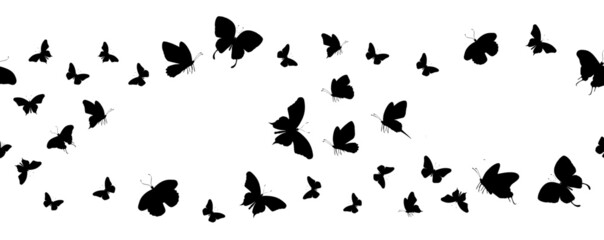 Naklejka na ściany i meble Seamless flock of silhouette black butterflies on white background. Vector