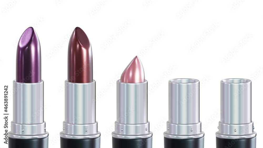Poster realistic 3d animation of the top wine color shiny lipsticks set rendered in uhd with alpha matte