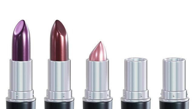 Realistic 3D animation of the top wine color shiny lipsticks set rendered in UHD with alpha matte