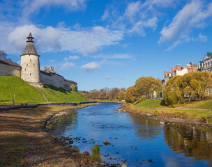 The ancient Kremlin of the city of Pskov on the Velikaya River.