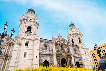 Fototapeta premium Cathedral of Lima, main square of Lima. Ornate catholic church with museum.