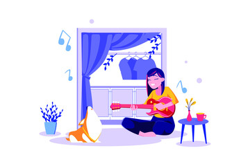Girl plays guitar Illustration concept. Flat illustration isolated on white background.