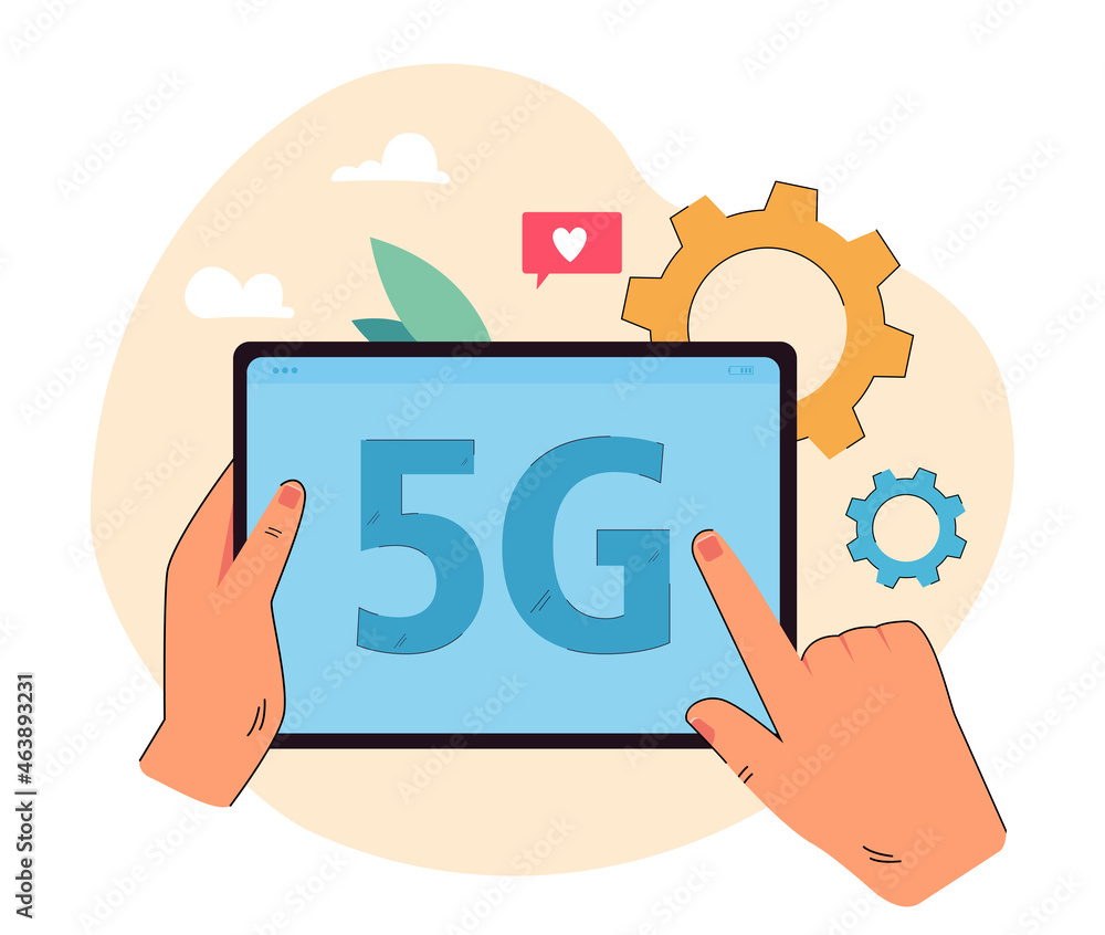 Poster hands holding tablet with 5g title on screen. device with internet signal symbol flat vector illustr