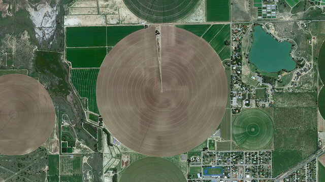 Giant Circular fields bird’s eye view, Center pivot irrigation system and food safety, looking down aerial view from above