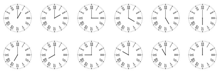 horizontal set of analog clock icon with roman numeral notifying each hour isolated on white - obrazy, fototapety, plakaty