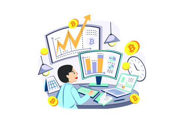 Bitcoin trader Illustration concept. Flat illustration isolated on white background.