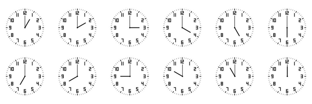 horizontal set of analog clock icon with number notifying each hour isolated on white
