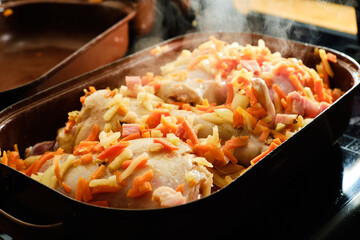 Preparing rabbit and vegetables
