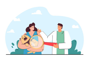 Vet examining dog using magnifying glass. Veterinary clinic service flat vector illustration. Pet checkup, animal treatment, medical pet care concept for banner, website design or landing web page