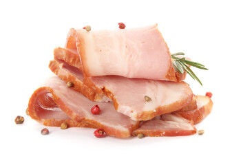 Slices of delicious smoked bacon with rosemary and peppercorns on white background