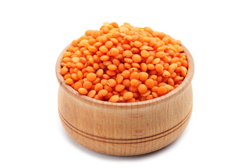 Red lentils with bowl isolated on white background