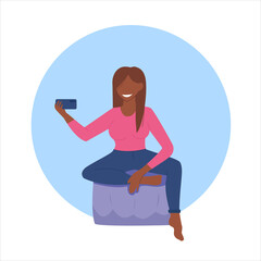 Girl blogger streams. The girl is sitting with the phone. Vector illustration.