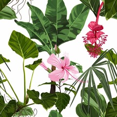 Pink hibiscus flowers. Seamless floral pattern with pink glossy flowers and palm leaves. Tropical pattern on a white background. 