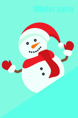 Flat vector illustration.
Snowman. Winter time, background pattern on the theme of winter. Ideal background for posters, covers, flyers, banners.
