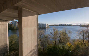 The skyline of Stockholm seen from the bridge foundation of the highway Essingeleden a colorful autumn day in Stockholm