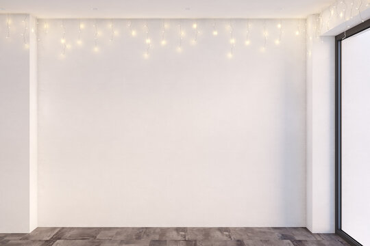 Modern minimalistic room in the evening with glowing garland on a white blank wall, large window, and stone tiled floor. Front view. 3d render