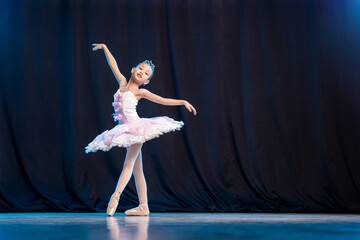 little girl ballerina is dancing on stage in white tutu on pointe shoes classic variation.