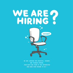 Square job vacancy design banner with office chair illustration. Open recruitment design template. Business recruiting vector illustration with flat style. - obrazy, fototapety, plakaty