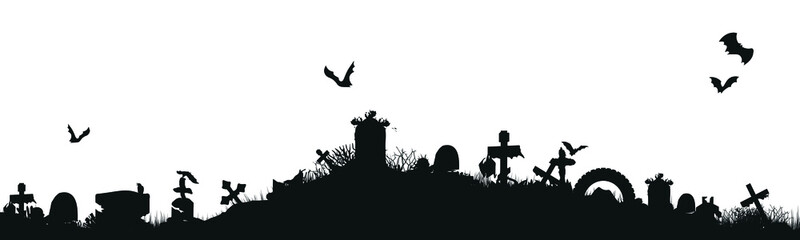 Black silhouette of cemetery elements with gravestones and crosses. Panorama of a cemetery with monsters. Vector illustration. EPS10