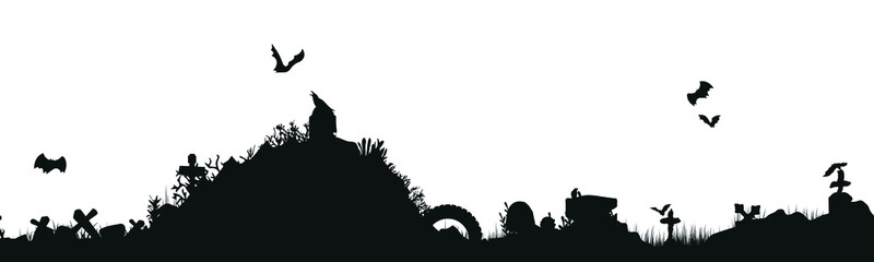 Black silhouette of cemetery elements with gravestones and crosses. Panorama of a cemetery with monsters. Vector illustration. EPS10