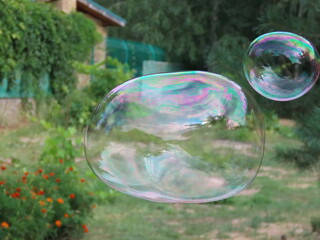 Beautiful multicolored 3D soap bubbles on a blurred background of flowers and green plants, summer in Ukraine close-up.