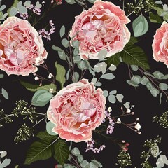 Seamless floral pattern with pink roses flowers, herbs and eucaliptus on black background. Summer and spring motifs. Trendy floral texture.