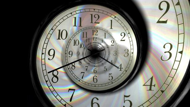 Time and tide wait for no man. Clock's pins rolling pass through the spiral clock dial infinitely. 4k 30fps 300 frames Loop.