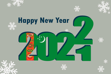New year's card 2022. Depicted: element of the flag of Turkmenistan, festive inscription and snowflakes. It can be used as a promotional poster, postcard, flyer, invitation or website.