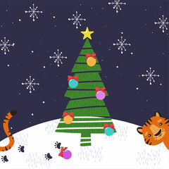 Postcard with a cute tiger. Merry Christmas.