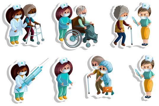 Vector image of stickers of old people who take care of their appearance and health. Medic. Cartoon style. EPS 10