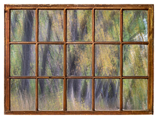 blurred landscape of forest in fall colors as seen from a vintage sash window