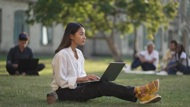 Attractive young female using laptop while sitting on green grass of campus lawn. Pretty girl student preparing for classes in nature, her fellow students sitting in distance blurred on background