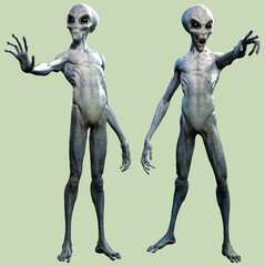 Grey aliens communicating 3D illustration
