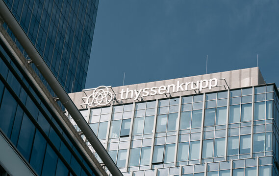 10.07.2021 Gdansk, Poland. Thyssenkrupp on the office building. Thyssenkrupp on the facade of one of their corporate office buildings located in Polish Gdansk headquarters
