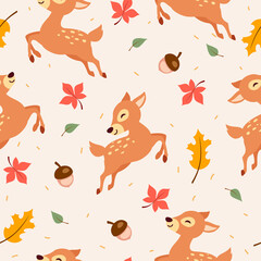 Autumn deer seamless pattern background vector illustration. Fall leaves with cute deer
