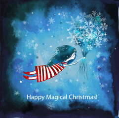 Girl with a bouquet of snowflakes. Christmas card. Vector illustration © Мария Неноглядова