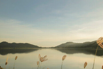 Landscape sunrise flower and mountain, Reflex of mountain with water.