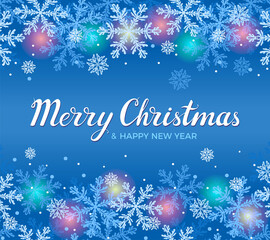 Merry Christmas banner with snowflakes and lettering. Blue winter festive background. Vector flat illustration.
