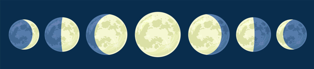 Moon phases. Vector astrological illustration for the lunar calendar. Cartoon flat style.