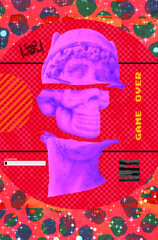 Contemporary minimal collage wallpaper. Antique statue and skull in digital chaos gaming space....