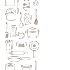 Seamless pattern with kitchen utensils. Cooking tools for home and restaurant.