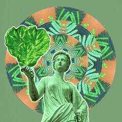 Contemporary minimal collage art. Antique statue and bio mandala green space. Save planet concept....