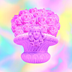 Contemporary minimal collage art. Antique statue and bouquet of roses. Back in 80, 90s party. Retro Zine and vapor wave stylish design