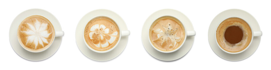 Set with cups of tasty aromatic coffee on white background, top view. Banner design