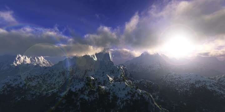 Snowy peaks at sunrise, sunset in the mountains, clouds and snowy mountains in the rays of the sun. , 3d rendering