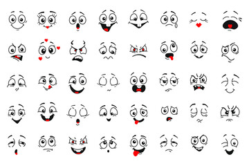 Cartoon comics faces set, Smiling, crying and surprised character face icons