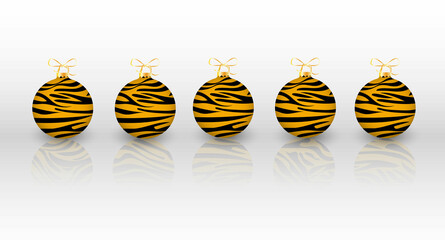 Tiger print on christmas balls with reflection  on a white background.The vector balls can be used in Christmas designs.Vector illustration